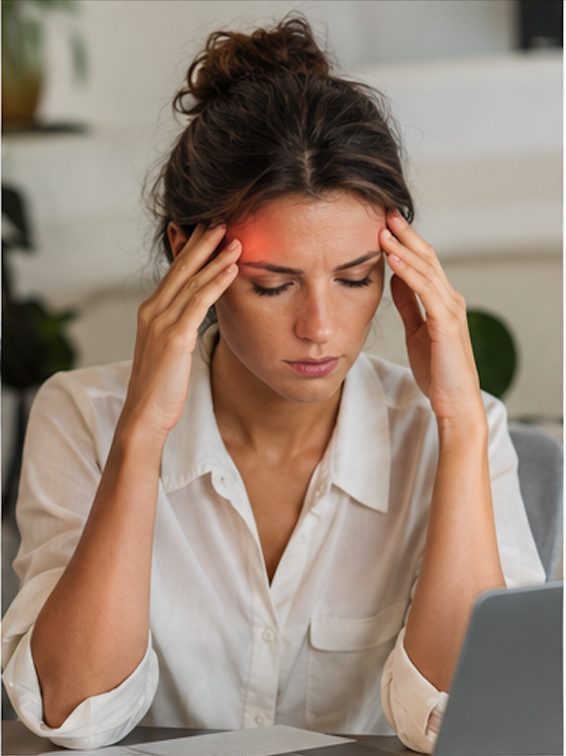 Femme souffrant de céphalées au bureau, cabinet chiropraxie Toulouse