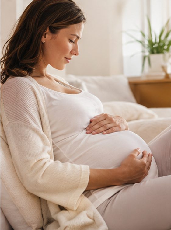 Femme enceinte assise, main sur le ventre, suivi chiropraxie Toulouse