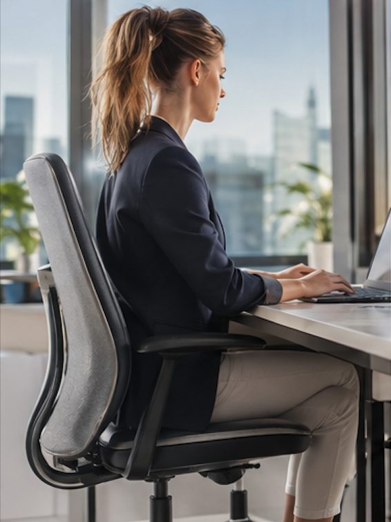 Femme travaillant sur écran en bonne posture, chiropracteur Toulouse