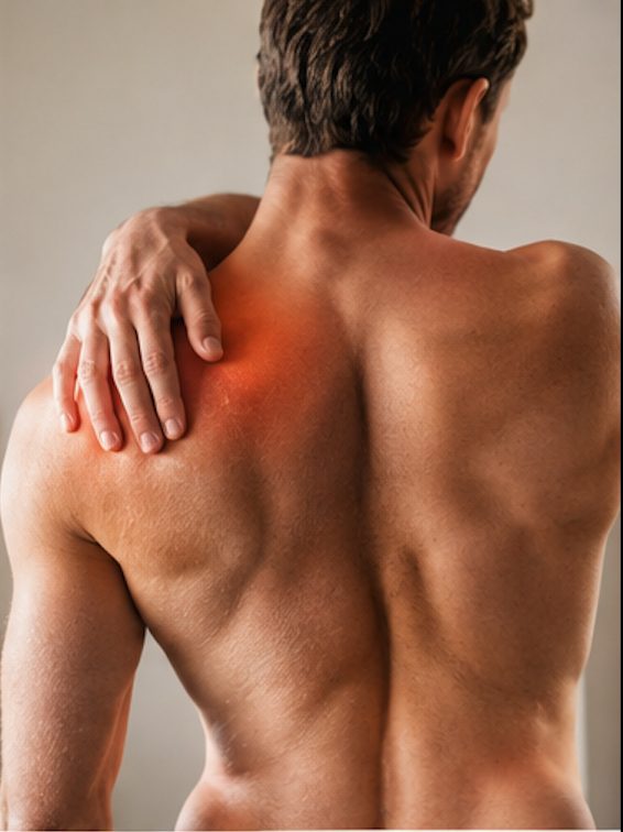 Homme souffrant de tensions musculaires à l'épaule, chiropracteur Toulouse